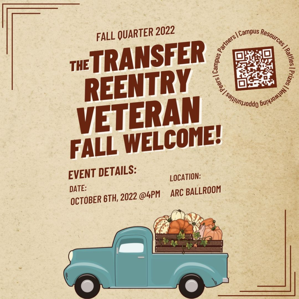 Photo of pickup truck with pumpkins. Caption: Fall 2022 Quarter "The Transfer, Reentry, and Veteran Fall Welcome" 